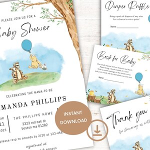 Pooh Bear Baby Shower Invitation Bundle, Editable Pooh, Piglet & Tigger Invitation Template Bundle, Printable Instant Digital Download