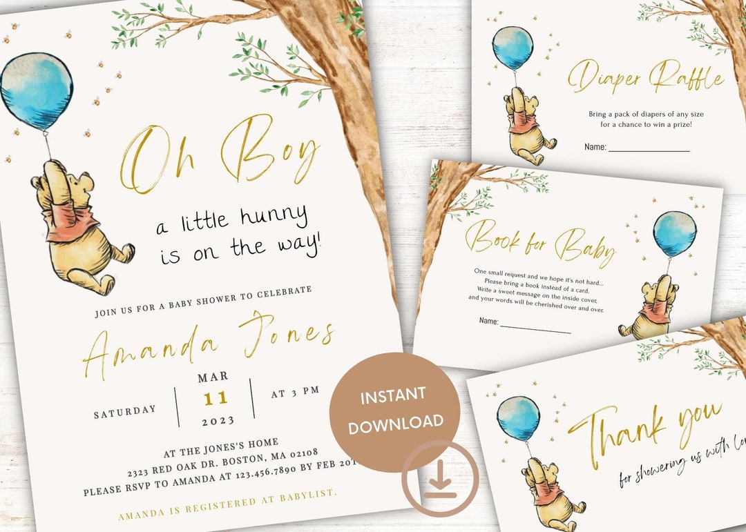 Pooh Bear Baby Shower Boy Invitation Bundle, Editable Pooh Bear Invitation Template Bundle, Oh ...
