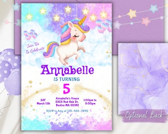May include: A purple, blue, and pink invitation with a unicorn illustration and gold stars. The text reads "Join Us To Celebrate Annabelle Is Turning 5". The invitation includes the date, time, and location of the party.