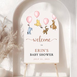Wydrukowany łuk Kubuś Puchatek Baby Shower powitalny znak, Puchatek Baby Shower powitalny, Wydrukowany dziewczynka Kubuś Puchatek piankowa tablica powitalna