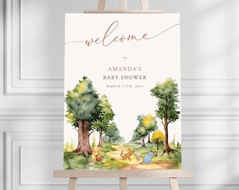 Winnie The Pooh Baby Shower Willkommensschild, bearbeitbare Hundert Morgen Holzschild, sofortiger digitaler Download, druckbares geschlechtsneutrales Willkommensschild