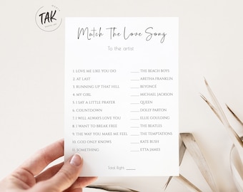 Minimalist Bridal Shower Match The Love Song To The Artist Game, Bridal Shower Game, Printable Downloadable Game, Editable Digital Download