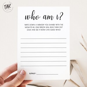 Minimalist Baby Shower Who Am I Card, Baby Shower Games, Mom-To-Be Story Card, Minimalist Baby Shower Game, Editable Digital Download