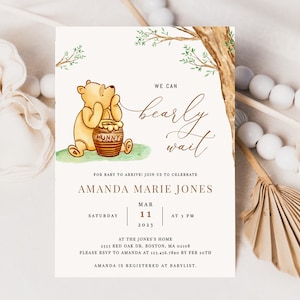 Faire-part de baby shower ourson neutre en matière de genre, modèle d&#39;Invitation de baby shower ourson ou sexe révéler, imprimable téléchargement numérique instantané
