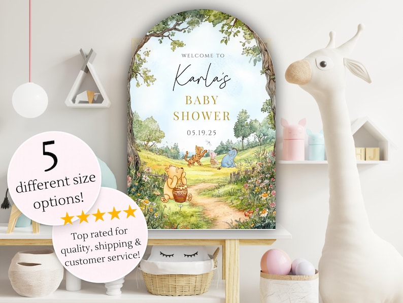 May include: A Winnie the Pooh themed baby shower welcome sign with a whimsical illustration of Winnie the Pooh and his friends in a forest setting. The sign is personalized with the name "Karla's" and the date "05.19.25".