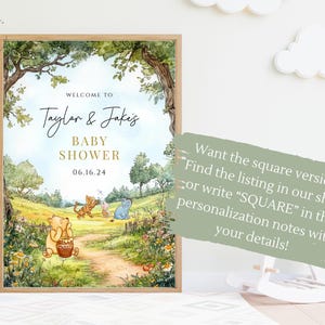 May include: A Winnie the Pooh themed baby shower invitation with a watercolor illustration of Winnie the Pooh and his friends in a forest setting. The text reads "Welcome to Taylor & Jake's Baby Shower 06.16.24".