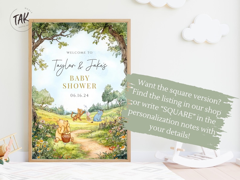 May include: A Winnie the Pooh themed baby shower invitation with a watercolor illustration of Winnie the Pooh and his friends in a forest setting. The text reads "Welcome to Taylor & Jake's Baby Shower 06.16.24".
