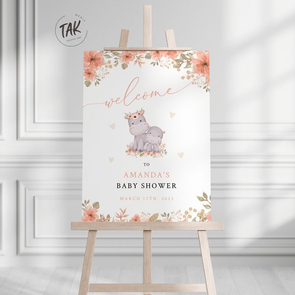 Baby Shower Hippo Welcome Sign, Editable Baby Shower Welcome, Instant Digital Download Poster, Printable Baby Hippo Blush Pink Welcome Sign