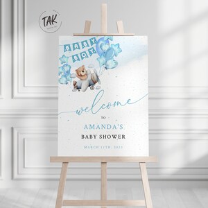 Baby Shower Boy Bear Welcome Sign, Editable Baby Shower Welcome, Instant Digital Download Poster, Printable Baby Bear Blue Welcome Sign