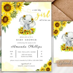 Baby Shower Girl Invitation Bundle, Editable Baby Elephant Sunflower Invite Template Bundle, Sunflower Printable Instant Digital Download image 4