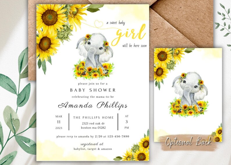 Baby Shower Girl Invitation Bundle, Editable Baby Elephant Sunflower Invite Template Bundle, Sunflower Printable Instant Digital Download image 4