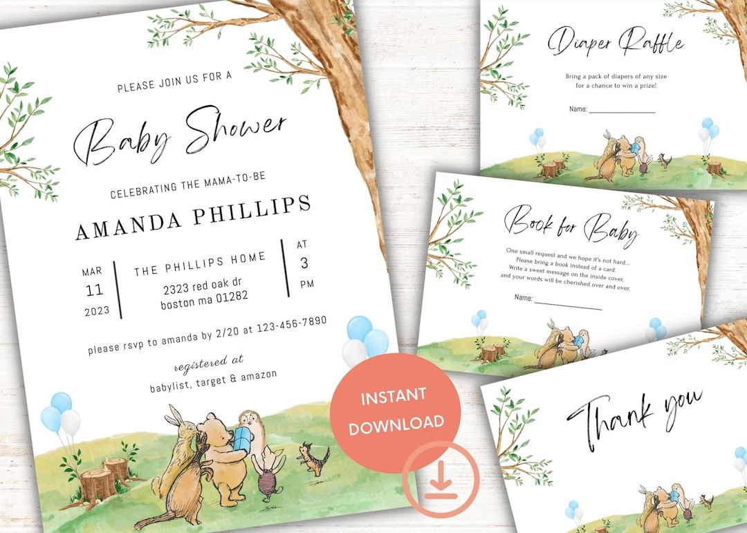 Pooh Bear Baby Shower Boy Invitation Bundle, Editable Pooh Invitation Announcement Template ...