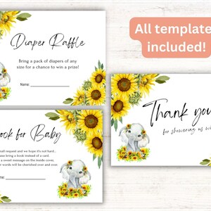 May include: Two printable cards with a sunflower and elephant theme. The first card says "Diaper Raffle" and asks guests to bring a pack of diapers for a chance to win a prize. The second card says "Book for Baby" and asks guests to bring a book instead of a card. Both cards have a space for a name.