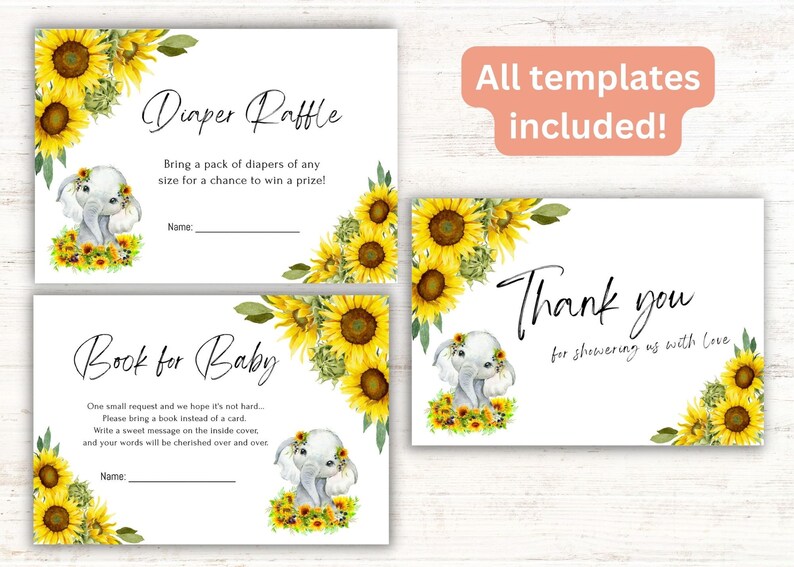May include: Two printable cards with a sunflower and elephant theme. The first card says "Diaper Raffle" and asks guests to bring a pack of diapers for a chance to win a prize. The second card says "Book for Baby" and asks guests to bring a book instead of a card. Both cards have a space for a name.