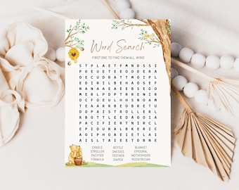 May include: A printable word search game with a Winnie the Pooh theme. The game features a beehive, a tree, and a Winnie the Pooh character. The word search puzzle includes words related to baby care, such as cradle, stroller, onesies, pacifier, formula, teether, nappy, blanket, epidural, motherhood, and paediatrician.