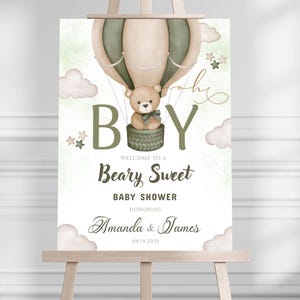 Gedrucktes Beary Süßes Babyparty-Willkommensschild für Jungen, Teddybär-Heißluftballon-Sage-Thema, kundenspezifisches Schaumstoffbrett, persönliches neutrales Dekor