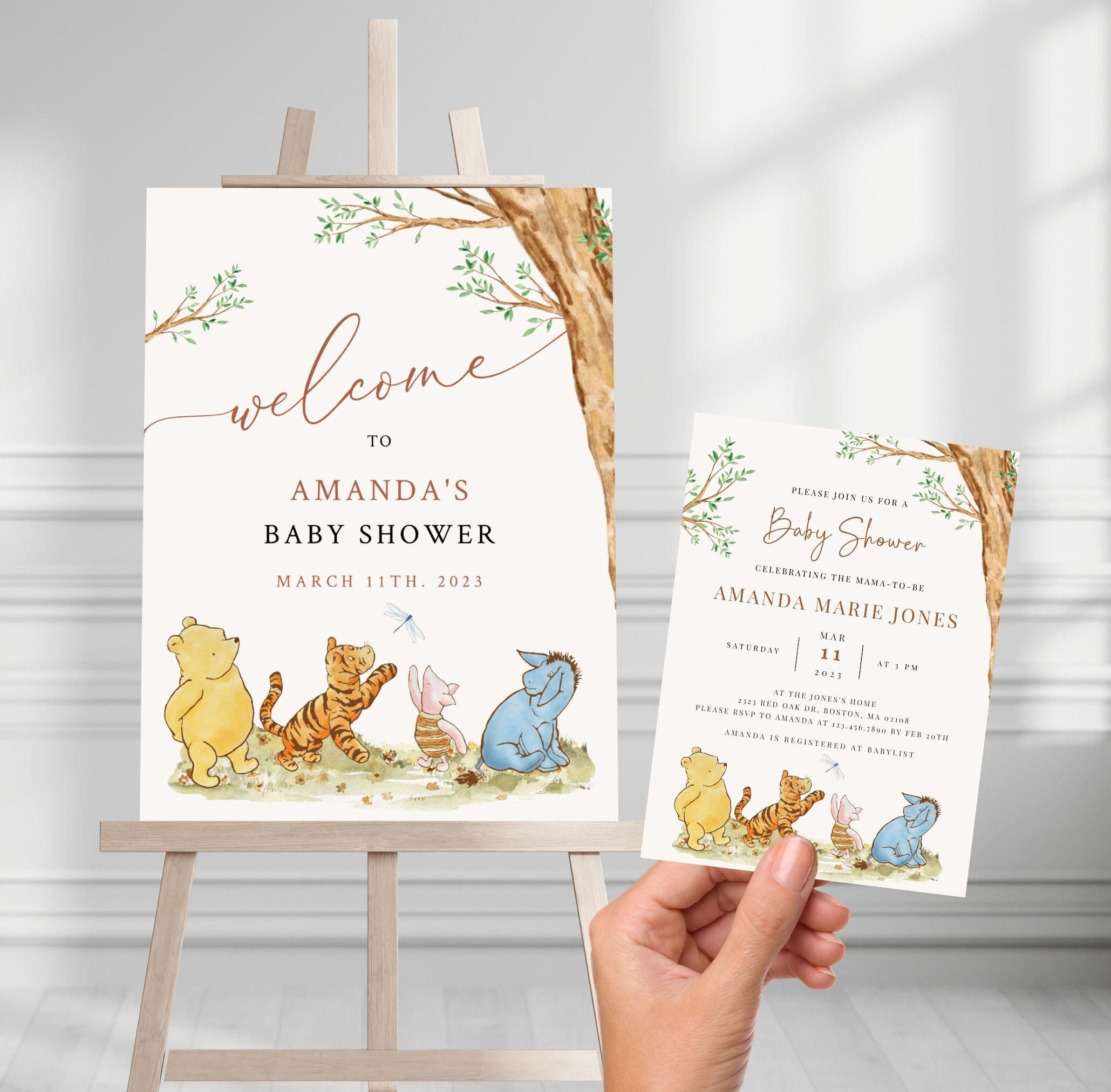 Winnie the Pooh Baby Shower Welcome Sign and Invitation Bundle