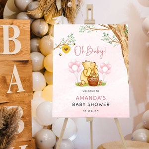Gedrucktes Winnie Puuh-Babyparty-Willkommensschild, Pooh-Babyparty-Willkommensschild, Individuell bedrucktes Babymädchen Winnie Puuh-Schaumbrett-Willkommensschild
