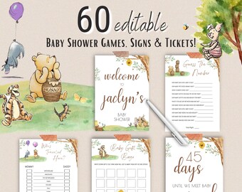 Baby Shower Pooh Bear Games, Baby Shower Signs, Baby Shower Tickets Bundle, Printable Pooh And Friends Baby Shower Bundle, Digital Download