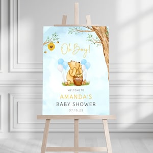 Pooh Bear Baby Shower Boy Welcome Sign, Editable Baby Shower Welcome, Instant Digital Download Poster, Printable Baby Boy Welcome Sign