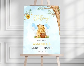 Pooh Bear Baby Shower Boy Welcome Sign, Editable Baby Shower Welcome, Instant Digital Download Poster, Printable Baby Boy Welcome Sign