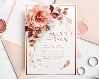 Floral Wedding Invitation Template, Burnt Orange Fall Colors, Modern Invite, Simple Editable Invite Template, Printable Digital Download