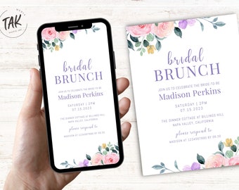 May include: A digital invitation for a bridal brunch with watercolor floral accents. The invitation features the text "bridal brunch" in purple and the bride-to-be's name, "Madison Perkins", in purple. The date and time of the event are listed as "Saturday 2PM 07.15.2023". The location is listed as "The Dinner Cottage at Billings Hill, Napa Valley, California". The invitation also includes the text "please respond to Madison at 1234567890 by 06.30".