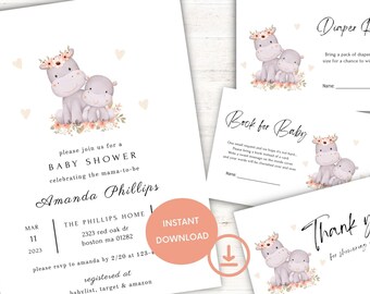 Baby Shower Baby Hippo Invitation Bundle, Editable Baby Shower Or Gender Reveal Hippo Invitation Bundle, Template Digital Download