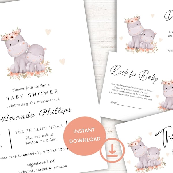 Baby Shower Baby Hippo Invitation Bundle, Editable Baby Shower Or Gender Reveal Hippo Invitation Bundle, Template Digital Download