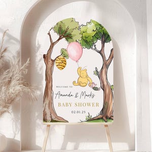 Wydrukowany łuk Kubuś Puchatek Baby Shower powitalny znak, Puchatek Baby Shower powitalny, Wydrukowany dziewczynka Kubuś Puchatek piankowa tablica powitalna