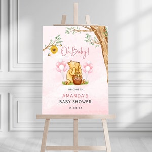 Winnie The Pooh Baby Shower Welcome Sign, Editable Baby Shower Welcome, Instant Digital Download, Printable Baby Girl Welcome Sign
