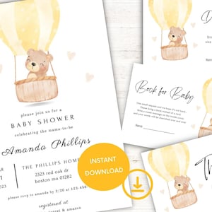 May include: A set of printable baby shower cards featuring a watercolor illustration of a teddy bear in a hot air balloon. The cards include a baby shower invitation, a diaper raffle card, a book for baby card, and a thank you card.