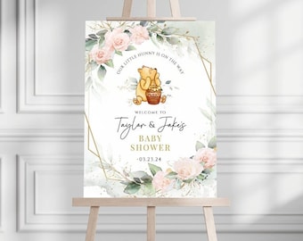 Winnie The Pooh-Babyparty-Willkommensschild, bearbeitbares Babyparty-Willkommen, sofortiger digitaler Download, druckbares geschlechtsneutrales Willkommensschild