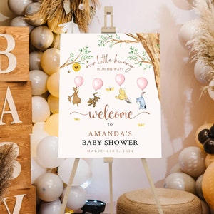 Printed Winnie The Pooh Baby Shower Welcome Sign, Pooh Baby Shower Welcome, Printed Baby Girl Winnie The Pooh Foam Board Welcome Sign