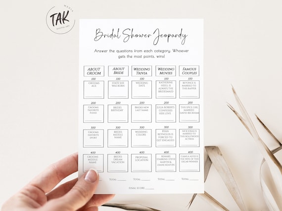 Minimalist Bridal Shower Jeopardy, Bridal Shower Game, Printable Jeopardy Card, Downloadable Shower Game, Instant Editable Digital Download