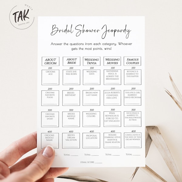 Minimalist Bridal Shower Jeopardy, Bridal Shower Game, Printable Jeopardy Card, Downloadable Shower Game, Instant Editable Digital Download