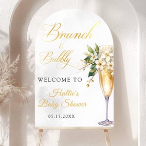 Gedrucktes Bogen-Brunch- und sprudelndes Babyparty-Willkommensschild mit Champagnerglas und Blumen, benutzerdefinierte Schaumstoffplatte für Mama, elegantes Golddekor-Poster