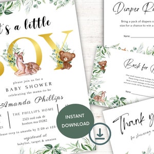 Baby Shower Boy Invitation Bundle, Editable Baby Boy Woodland Animals Shower Invitation Bundle, Printable Instant Digital Download Template