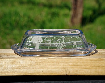 Glass etched butter dish mushroom cottagecore