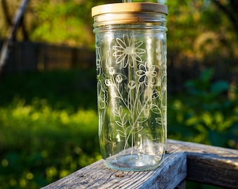 Etched glass mason jar cup 24oz tumbler