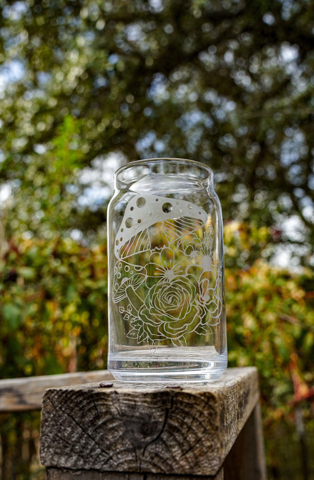Etched Glass Iced Coffee Cup Floral Mushrooms Reusable Cottage Etsy