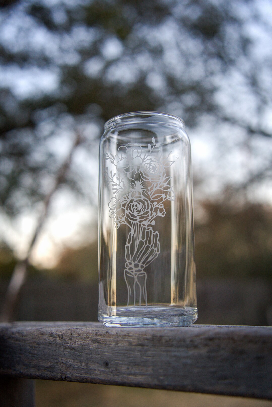 Etched Glass Cup Skeleton Hand Holding Flowers Hot Coffee Iced Drink