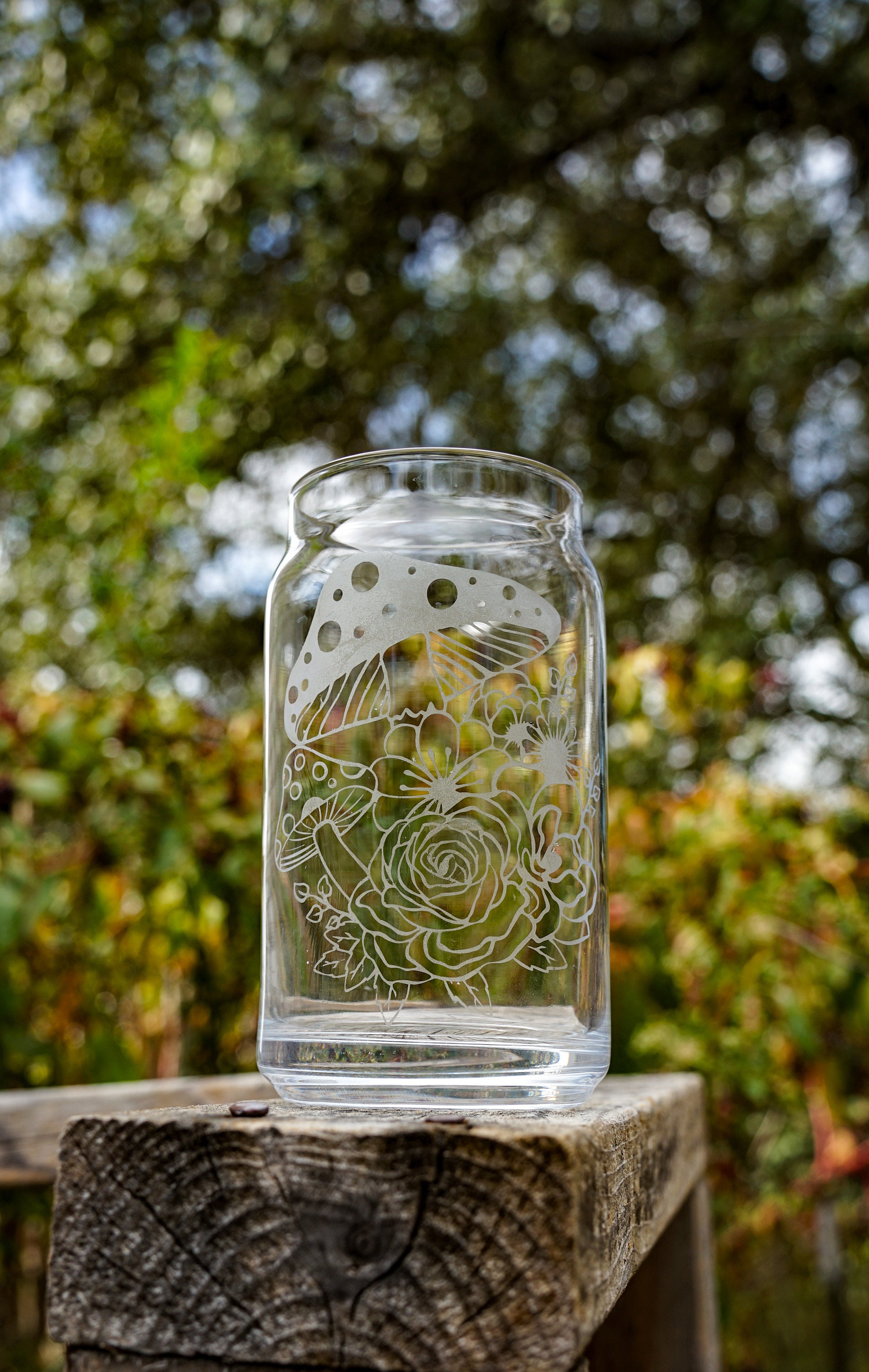 Etched Glass Iced Coffee Cup Floral Mushrooms Reusable Cottage Etsy