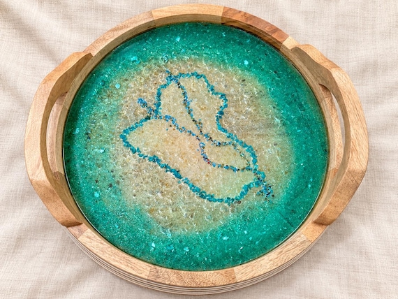 Handmade Cheese Tray, Large Resin Wooden Tray Decorated charcuterie board, Iraq Map with Natural stones, Ottoman Tray