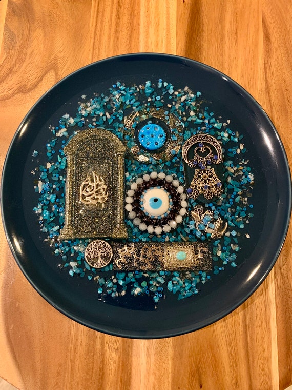 Arabic Decorative Islamic Subhan Allah Plate with Resin Authentic Handmade Iraqi Art Turath Blessed Eyes on Porcelain Wall Decor Hanging