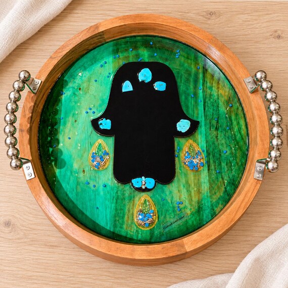 Handmade Hamsa Ottoman Tray with Green Resin, Natural Stones & Charms, 14-Inch Round Wood Decorative Tray