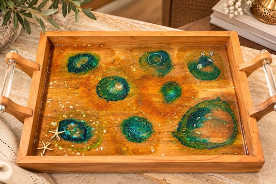 Handmade Coastal Luxe Tray by Hana Kanbour – 22” Wooden Resin Tray with Golden Flakes, Starfish Charms & Clear Acrylic Handles