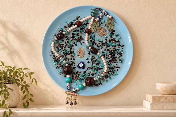 Arabic Decorative Islamic Mashallah and Sura Plate with Authentic Handmade Sibha Iraqi Art Turath Blessed Eyes Porcelain Wall Decor Hanging