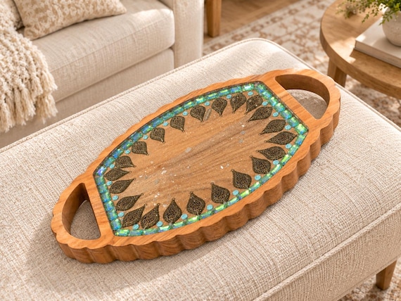 Wooden Ottoman Tray with Filigree Charms and Iridescent Stones, Handmade 17” Decorative Tray