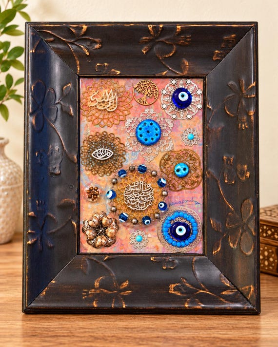 Iraqi tradition Decor Mixed Media Framed Art Allah Muslim Wall Hanging, Islamic Arabic Art Home Décor, Iraqi seven eyes Art